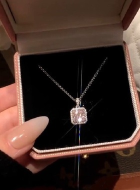 S925纯银项链微镶彩宝石甜美方糖粉钻轻奢高端小众级感百搭锁骨颈