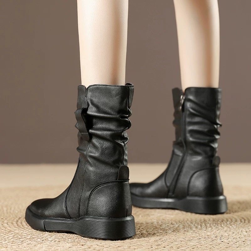 真皮中筒靴女马丁靴2025年秋冬季新款堆堆瘦瘦靴加绒高筒骑士靴子,淘宝优惠券,粉丝福利购,淘宝优惠卷