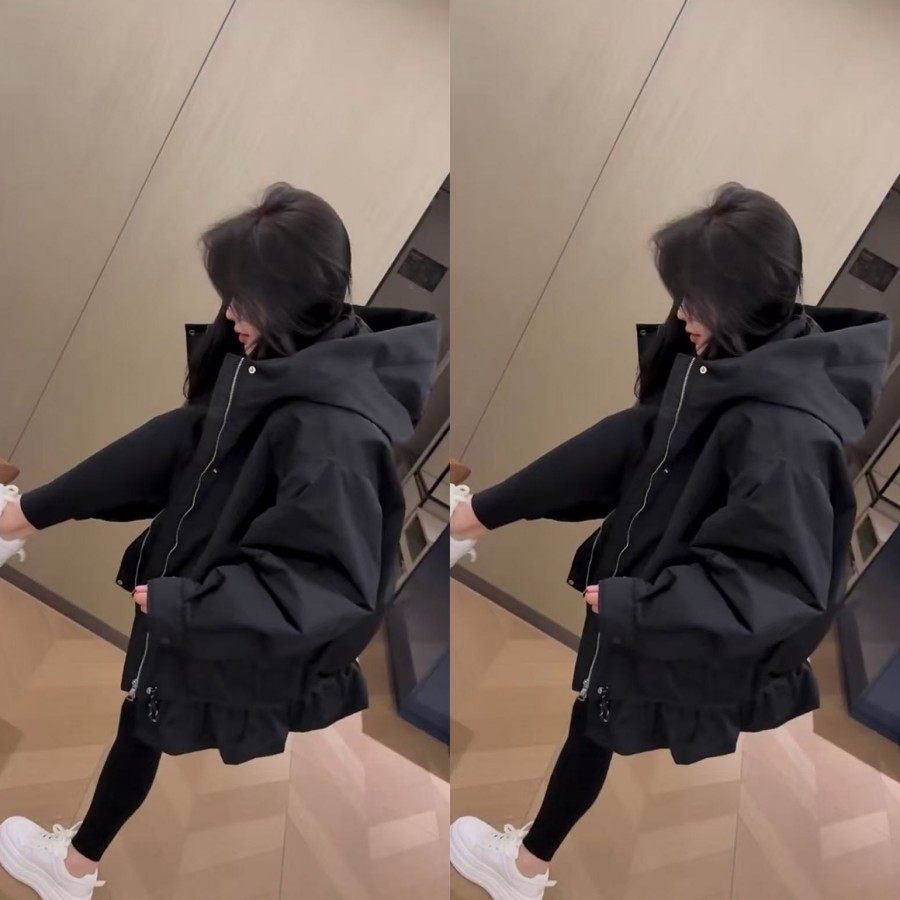 洋气时髦花苞下摆连帽中长款二棉薄外套2026早春新款宽松遮肉百搭,淘宝优惠券,粉丝福利购,淘宝优惠卷