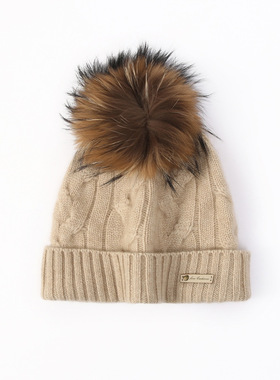 100%纯山羊绒2026秋冬新款女士休闲保暖护耳大绞花毛球包头针织帽