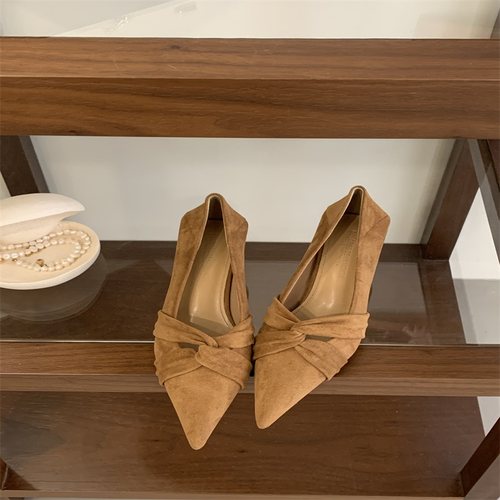 法式尖头小猫跟黑色高跟鞋女2025新款春秋季细跟绒面浅口通勤单鞋 - 图2