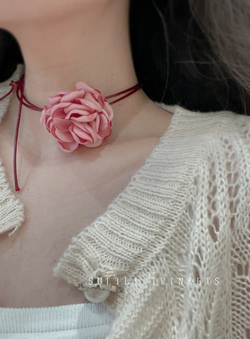 彩色山茶花项链系带多用款春天夏季花朵choker颈链锁骨链超仙甜美