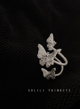 银色蝶栖戒指女小众设计高级感时尚轻奢甜酷蝴蝶环绕食指戒指环女