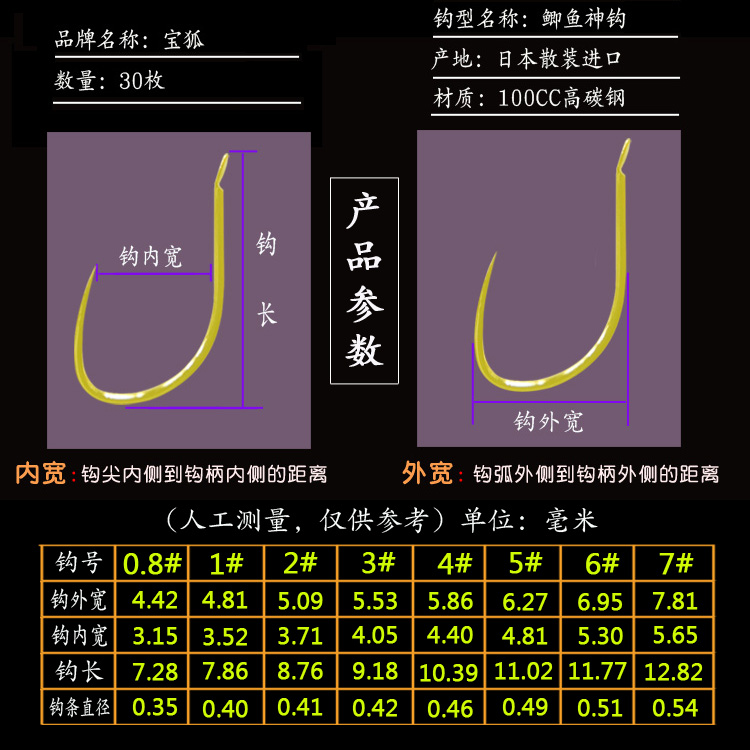 宝狐正品鲫鱼神钩 日本进口散装袖钩 黄尾钩无倒刺鱼钩有倒刺红袖 - 图0