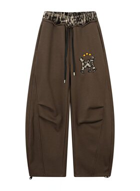 chaonime辣妹毛绒豹纹刺绣拼接弯刀卫裤女爵士舞阔腿垂感运动裤潮