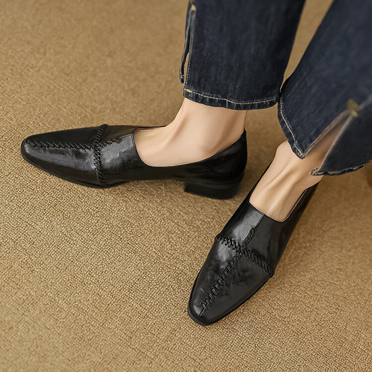 法式复古小方头粗跟单鞋女中跟2024春秋懒人乐福鞋羊皮深口小皮鞋,淘宝优惠券,粉丝福利购,淘宝优惠卷