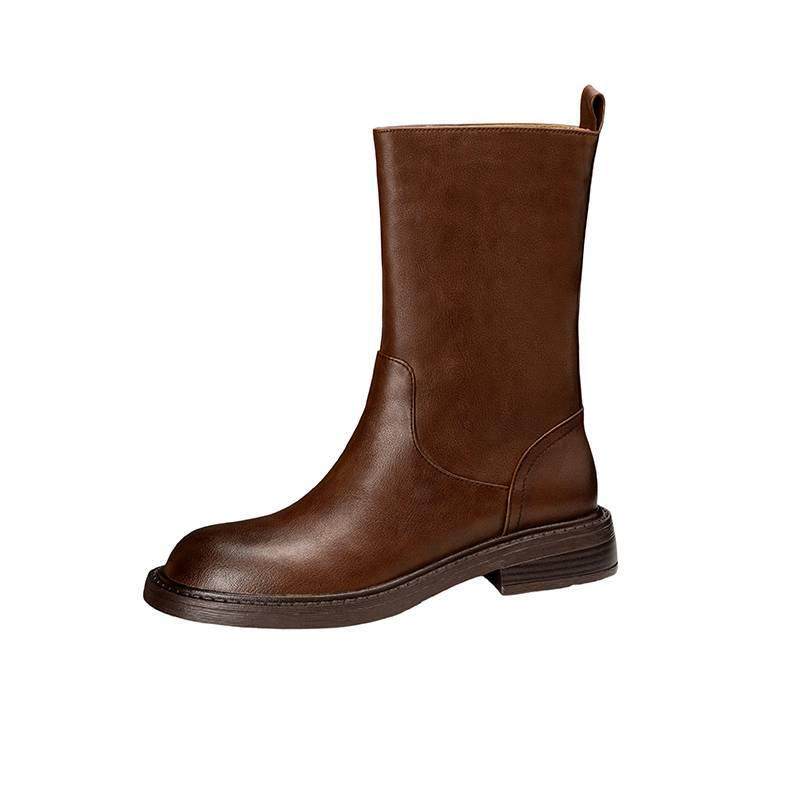 复古粗跟圆头骑士靴女真皮一脚蹬西部牛仔靴短靴宽松中筒靴马丁靴,淘宝优惠券,粉丝福利购,淘宝优惠卷