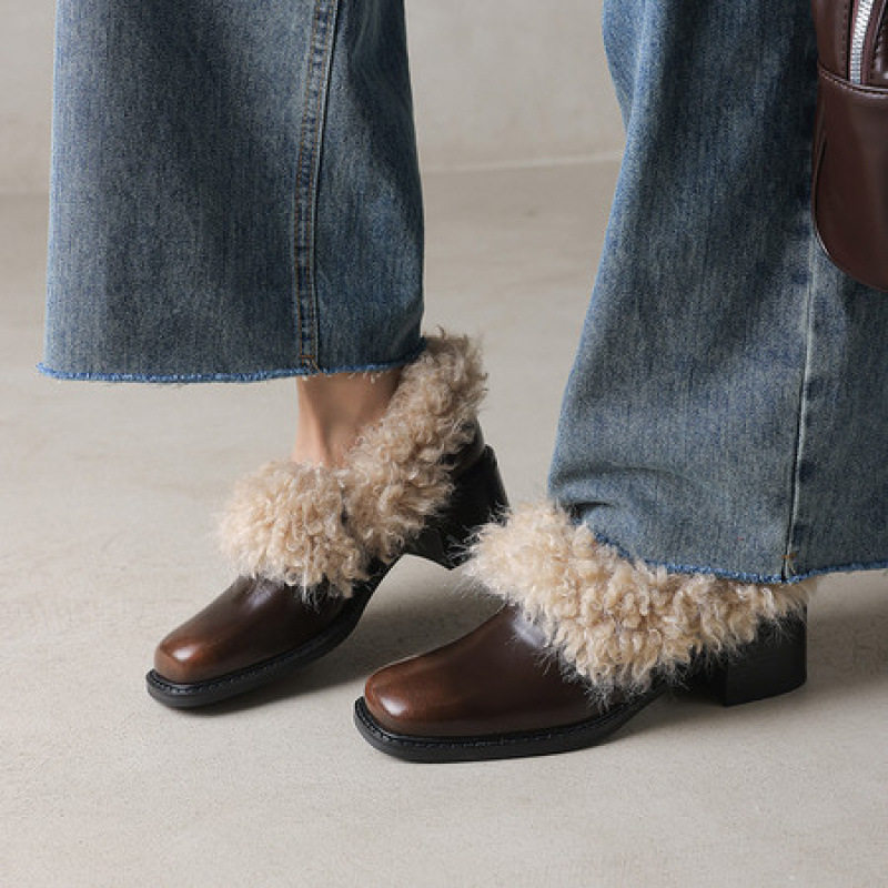 真皮加绒粗跟单鞋女秋冬季2025新款小皮鞋中跟毛毛鞋一脚蹬女鞋子,淘宝优惠券,粉丝福利购,淘宝优惠卷