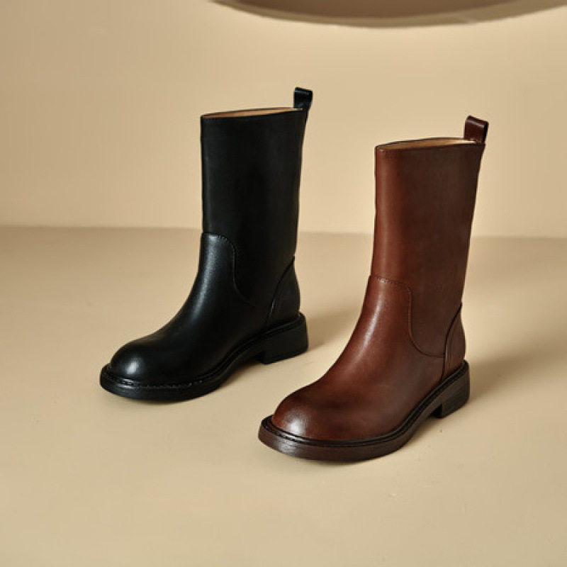 复古粗跟圆头骑士靴女真皮一脚蹬西部牛仔靴短靴宽松中筒靴马丁靴,淘宝优惠券,粉丝福利购,淘宝优惠卷