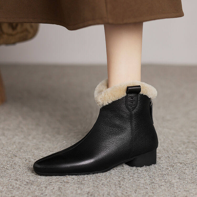 小棉袄~闭眼入~加绒加厚羊皮尖头短靴冬款中跟粗跟真皮羊毛女靴子,淘宝优惠券,粉丝福利购,淘宝优惠卷