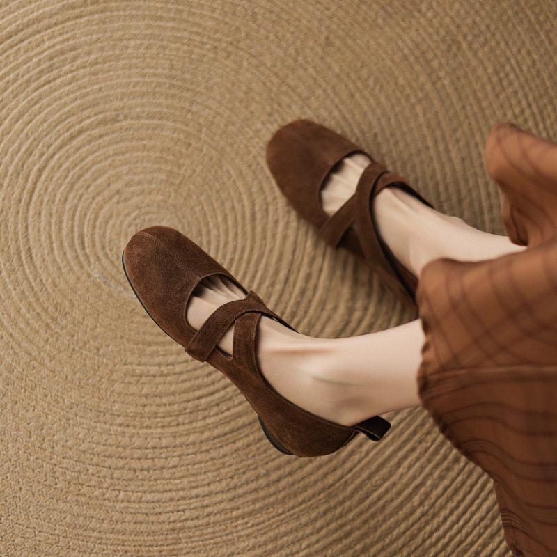 羊皮版2025新款法式绒面浅口平底鞋春款交叉带圆头单鞋软底复古,淘宝优惠券,粉丝福利购,淘宝优惠卷