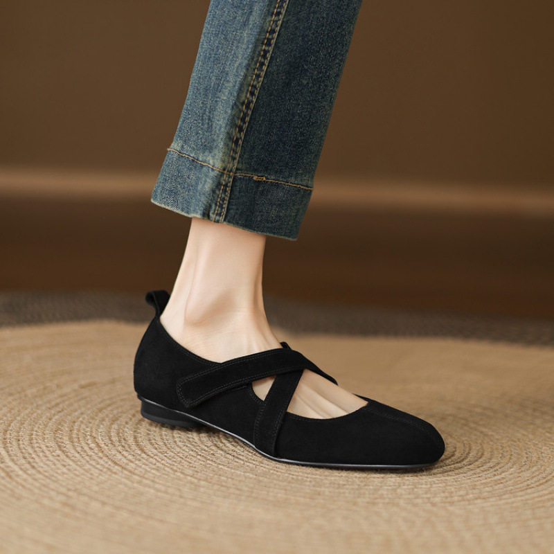羊皮版2025新款法式绒面浅口平底鞋春款交叉带圆头单鞋软底复古,淘宝优惠券,粉丝福利购,淘宝优惠卷
