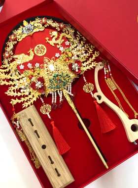红色香槟色可选婚扇新娘双面重工