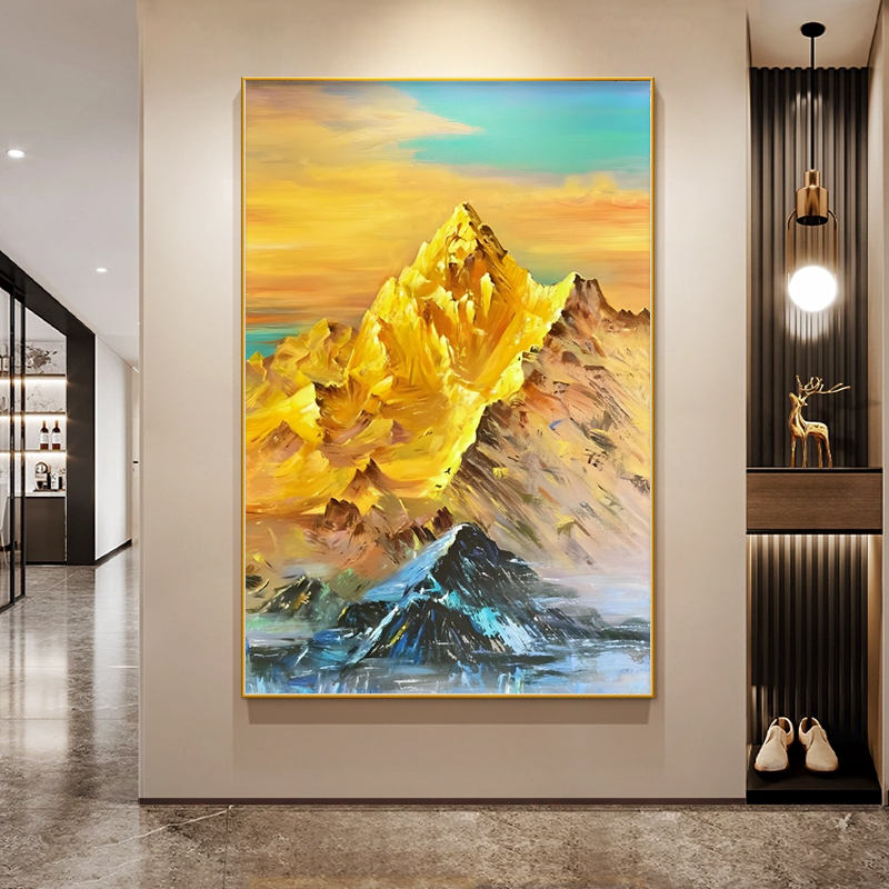 日照金山玄关装饰画大芬村手绘油画客厅挂画高级感入户正对门壁画