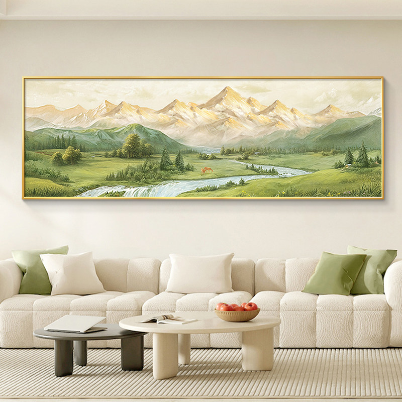 聚宝盆山水画客厅挂画横幅沙发背景墙装饰画2025新款手绘油画壁画