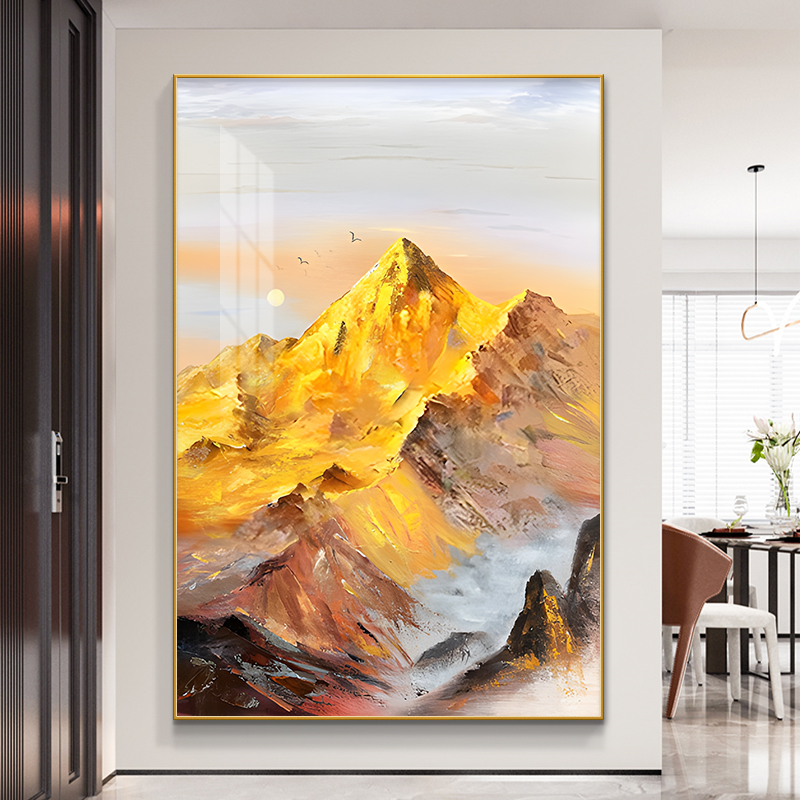 日照金山手绘油画玄关装饰画轻奢高级感入户正对门挂画大芬村壁画