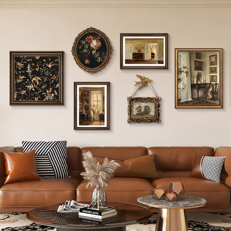 法式复古客厅装饰画小众艺术高级感组合挂画中古风沙发背景墙壁画