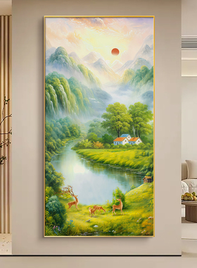 玄关装饰画青山绿水入户正对面风景手绘油画旭日东升走廊东墙挂画