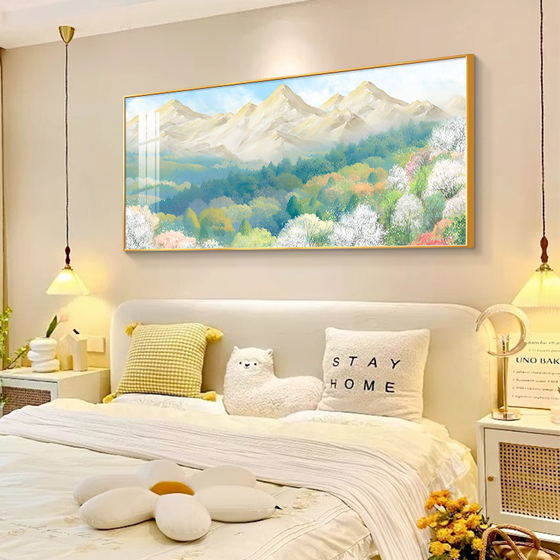 背靠金山客厅装饰画横幅山水风景油画沙发背景墙挂画2024新款壁画