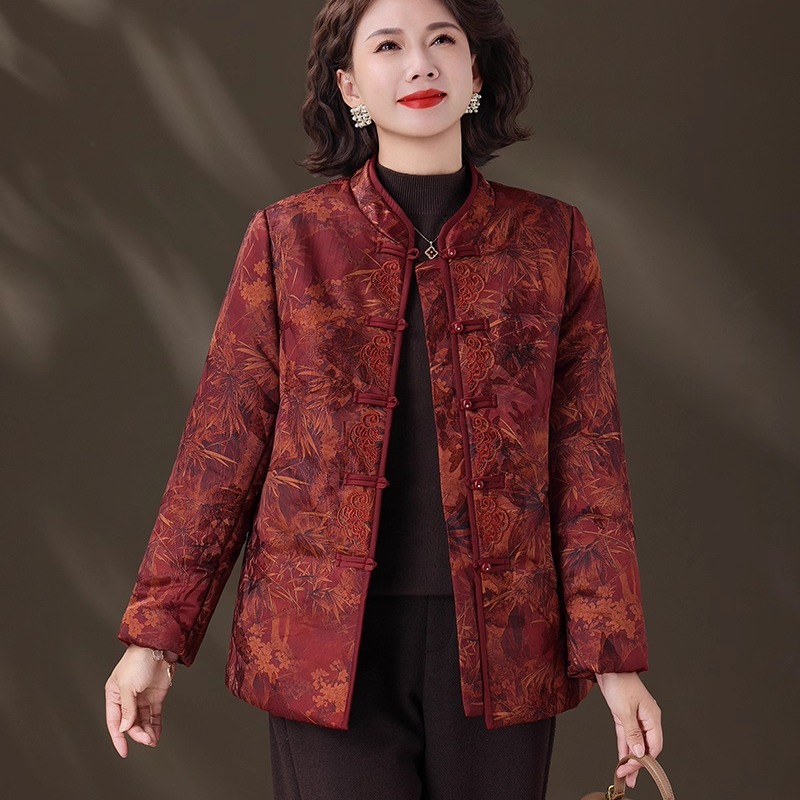 新中式妈妈冬装羽绒棉服外套老年人60岁70喜婆婆婚宴唐装保暖上衣 - 图0