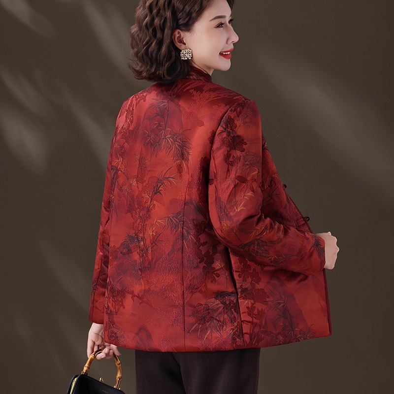 新中式妈妈冬装羽绒棉服外套老年人60岁70喜婆婆婚宴唐装保暖上衣 - 图1