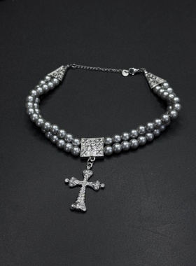 双层灰色珍珠项链潮镶钻十字架复古珍珠链情侣小众女锁骨链R22201