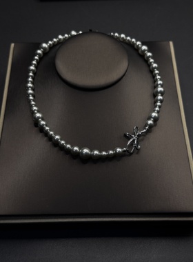渐变蝴蝶结灰色珍珠项链轻奢高级感毛衣链锁骨链小清新B50910