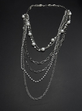 长款多层仿珍珠十字链项链女  欧美个性时尚嘻哈潮流R30109