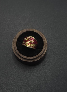 Vintage古著焰凰胭脂红凤凰开口戒牡丹红焰印珐琅戒圈配饰H120155