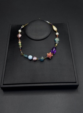 彩色几何串珠项链女小众设计精致复古多巴胺锁骨链配饰颈链R30402