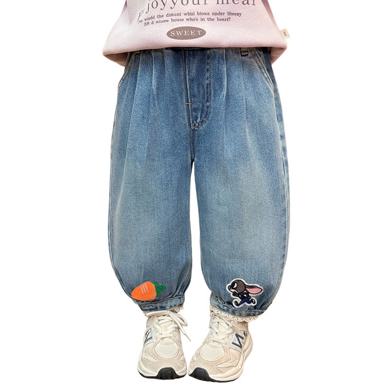 女童蓝色牛仔裤2026春装新款宝宝洋气兔子警官卡通束脚裤宽松花边,淘宝优惠券,粉丝福利购,淘宝优惠卷