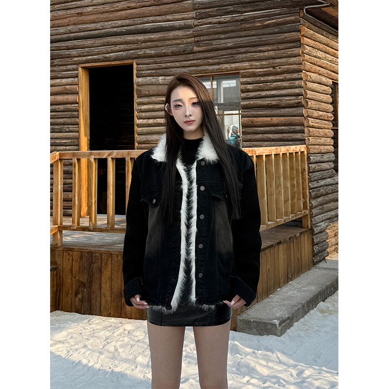 3CP 叁贰叁 美式复古牛仔做旧座山雕高级感双面穿毛衣拼接夹克,淘宝优惠券,粉丝福利购,淘宝优惠卷