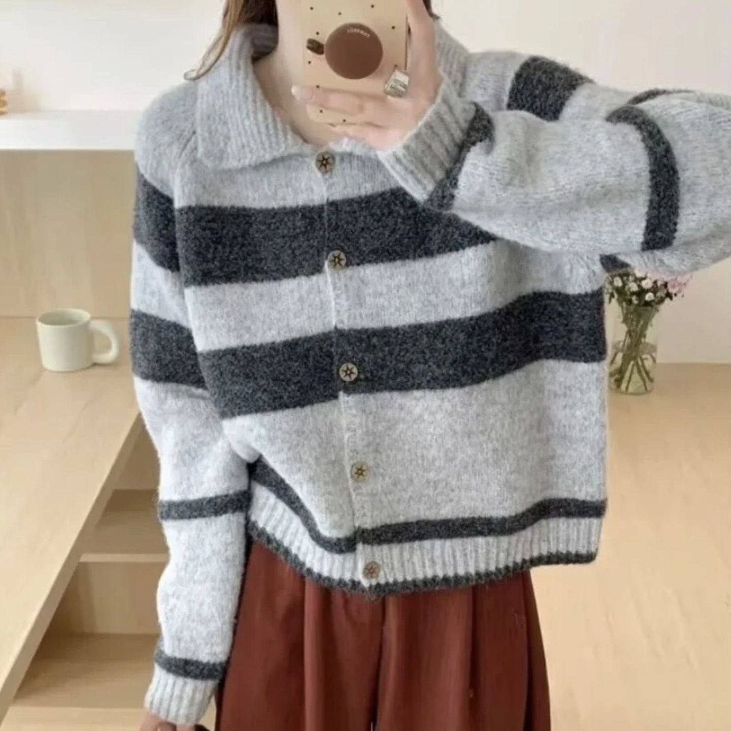 时尚慵懒风条纹毛衣外套女秋冬新款宽松显瘦针织开衫软糯短款上衣,淘宝优惠券,粉丝福利购,淘宝优惠卷