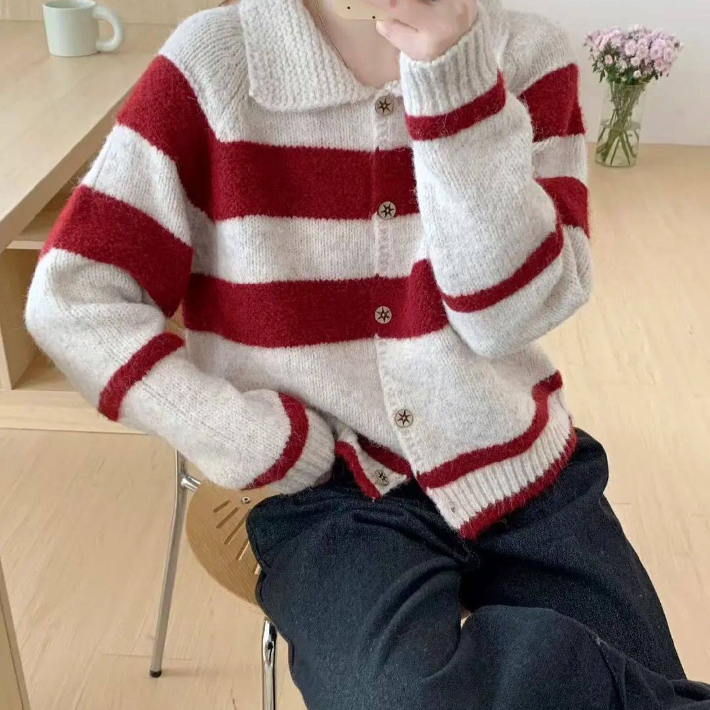 时尚慵懒风条纹毛衣外套女秋冬新款宽松显瘦针织开衫软糯短款上衣,淘宝优惠券,粉丝福利购,淘宝优惠卷