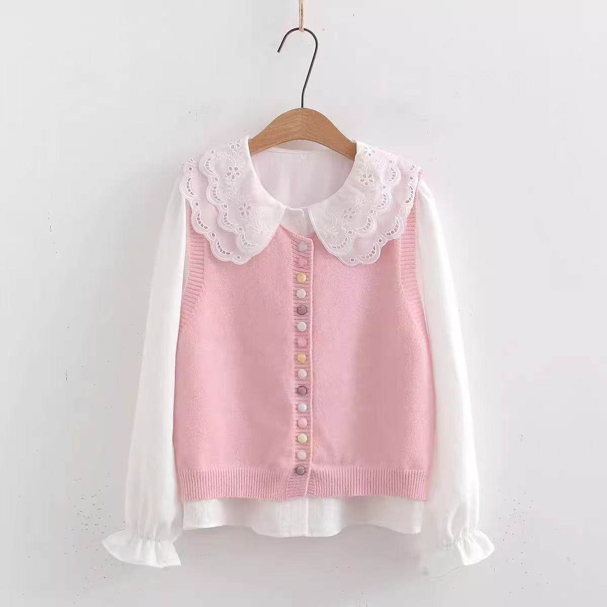 甜美可爱装彩扣针织马甲钩花娃娃领衬衫女春季新款叠穿上衣,淘宝优惠券,粉丝福利购,淘宝优惠卷