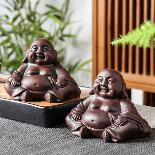 紫砂小号迷你弥勒佛小和尚笑面佛弥陀发财小佛像可养茶宠雕塑摆件 - 图0