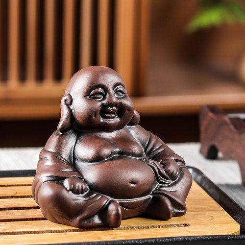 紫砂小号迷你弥勒佛小和尚笑面佛弥陀发财小佛像可养茶宠雕塑摆件 - 图2