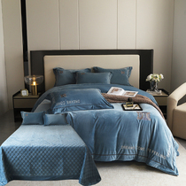 High-end milk suede bed cover with four pieces of winter thickened flannel double face suede high-grade sensuede cotton linen bed cover