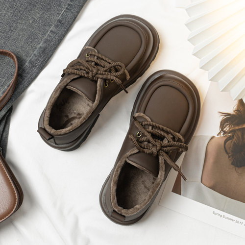 系带加绒小皮鞋女英伦风棕色复古休闲鞋2025秋冬百搭厚底软皮单鞋 - 图0