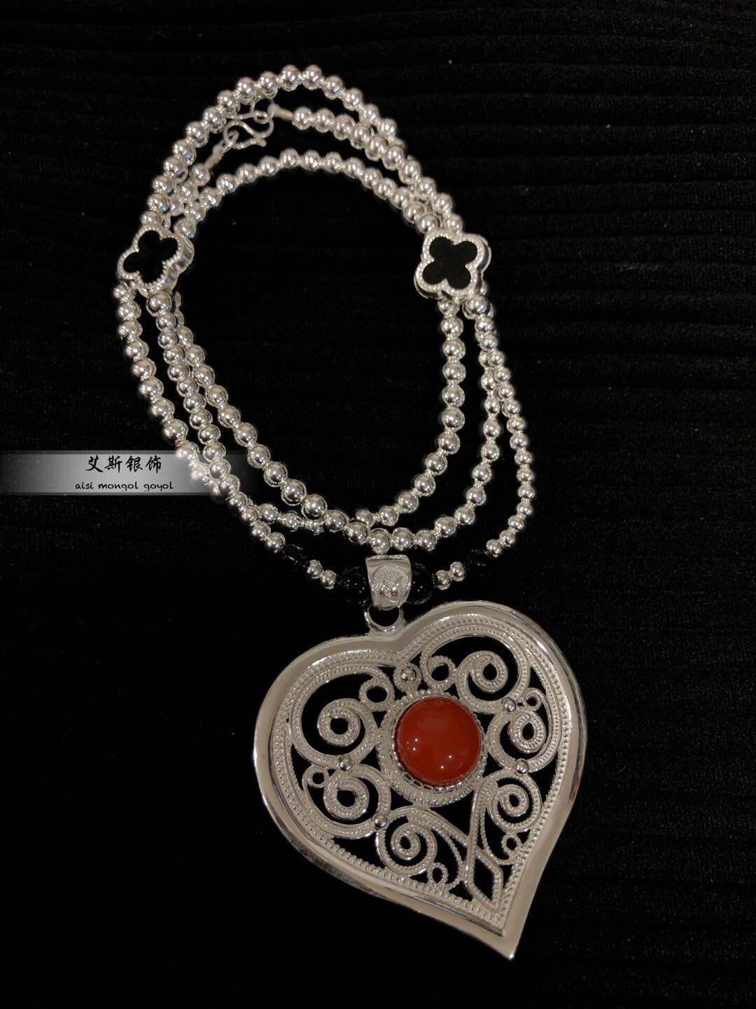 990足银蒙古桃心项坠蒙古元素手工纯银镂空心形毛衣链蒙古袍配饰