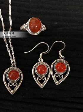 990足银红玛瑙水滴耳环蒙古项链