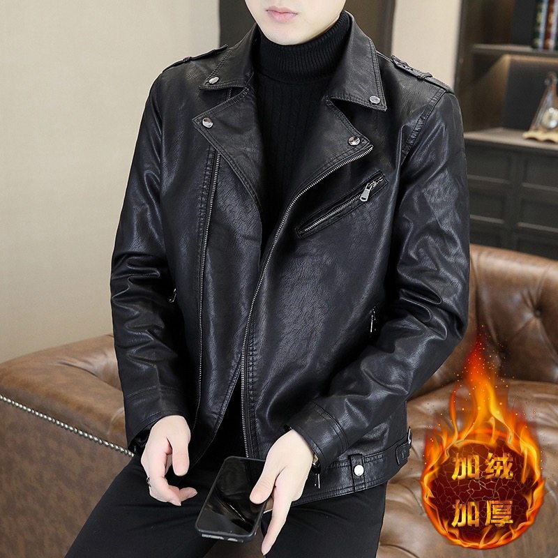 冬季新款加绒斜拉链翻领皮衣男百搭皮夹克男装外套时尚痞帅机车服,淘宝优惠券,粉丝福利购,淘宝优惠卷