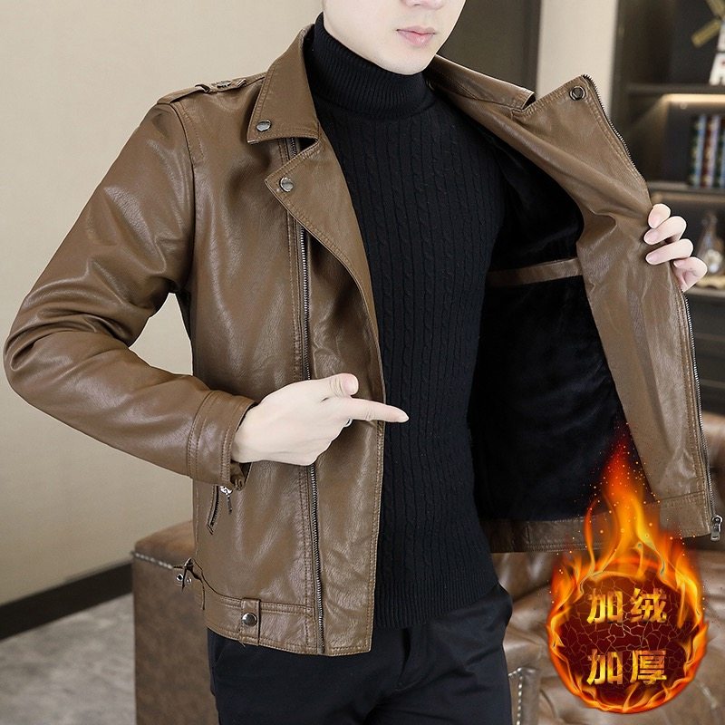 冬季新款加绒斜拉链翻领皮衣男百搭皮夹克男装外套时尚痞帅机车服,淘宝优惠券,粉丝福利购,淘宝优惠卷
