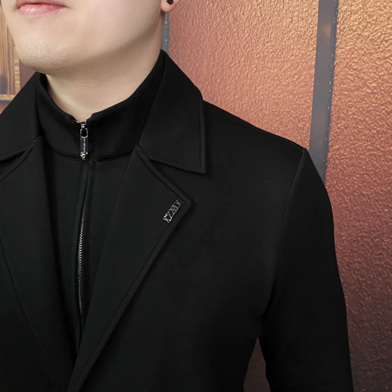 欧货冬季新款男士翻领拉链假两件卫衣时尚修身百搭打底衣型男潮款 - 图1