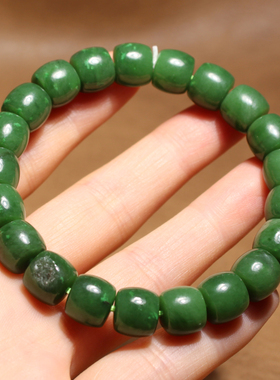 方言和田玉精品新疆留皮孔碧玉籽料阳绿色10mm直切珠手串手链A5