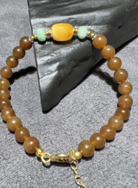 新中式方言新疆和田玉精品老坑且末红糖蜜蜡银镶卡6mm圆珠手链S6