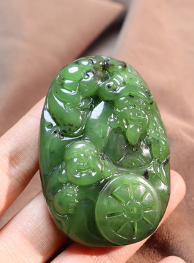 俄料碧玉正阳绿人财两旺手把挂件