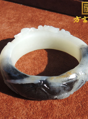 收藏级方言和田玉精品新疆挂金皮高脂青花白玉籽料59mm雕花手镯h2