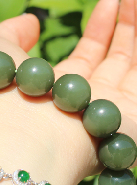 重磅方言和田玉精品新疆细腻细腻沙枣青籽料14mm圆珠手串手链A6