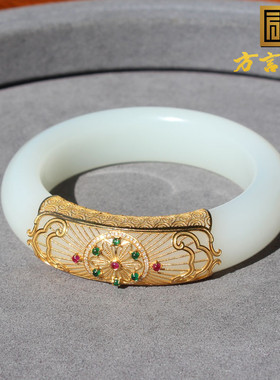 方言和田玉收藏级新疆且末料羊脂白玉高油内径55mm18k镶金手镯O8